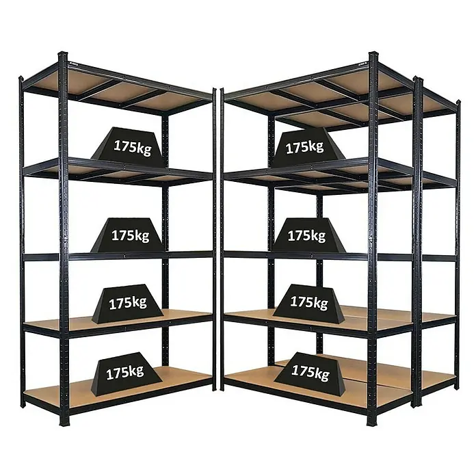 Proregal Schwerlastregal Mega Deal Giant Ragnar - Traglast pro Boden: 175 kg, Anzahl Böden: 5 Stk., Stecken, Schwarz - Bild von zwei schwarzen Metallregalen mit Holzplatten, die jeweils mit 175kg belastet sind.