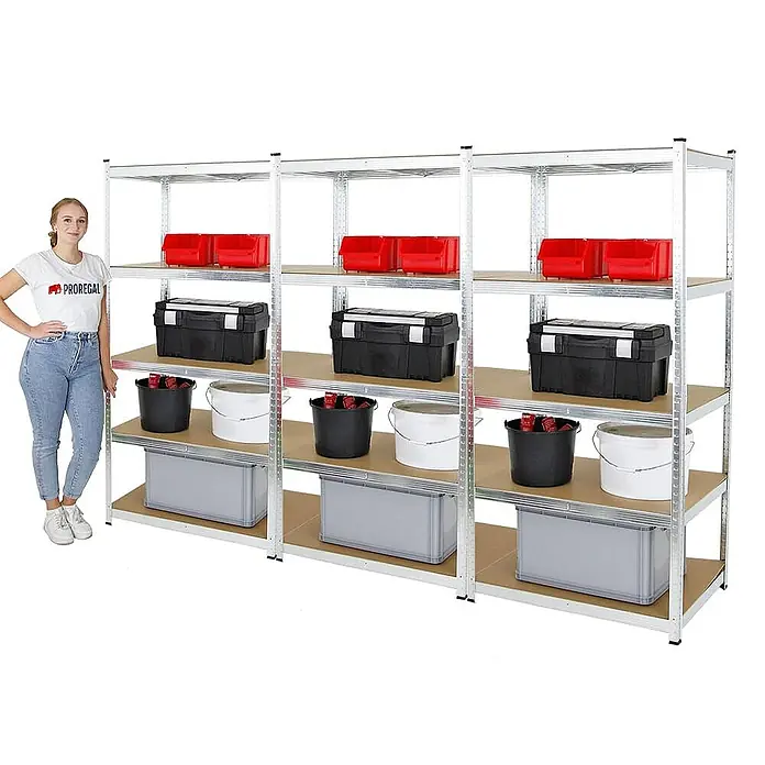 Proregal Schwerlastregal Mega Deal Ragnar - Traglast pro Boden: 175 kg, Anzahl Böden: 5 Stk., Stecken, Verzinkt - Ein vielseitiges, silbernes Metallregal mit vier Ebenen, ideal zur Aufbewahrung verschiedener Gegenstände.