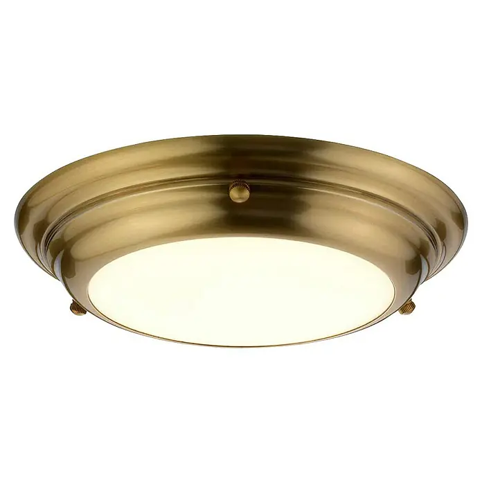 Elstead LED-Deckenleuchte Welland - 12 W, L x B x H: 24,5 x 24,5 x 4,8 cm, Altmessing, Warmweiß - Nahaufnahme einer eleganten, goldenen Deckenleuchte mit einem runden, diffusen Lichtelement, das eine warme und einladende Atmosphäre erzeugt.
