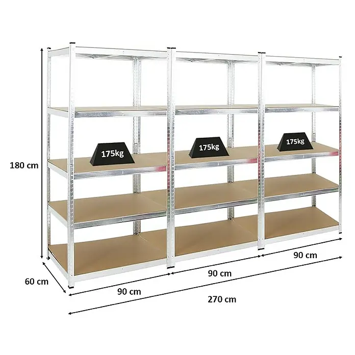 Proregal Schwerlastregal Mega Deal Ragnar - Traglast pro Boden: 175 kg, Anzahl Böden: 5 Stk., Stecken, Verzinkt - Abbildung eines stabilen Metallregalsystems mit vier Ebenen, belastbar mit 175kg pro Ebene, ideal für Lager und Werkstatt.