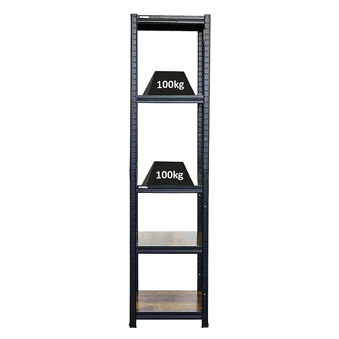 Proregal Metallregal All Black Series Ragnar - Traglast pro Boden: 100 kg, Anzahl Böden: 5 Stk., Stecken, Schwarz - Regal mit 4 Ebenen, davon 2 mit 100kg Gewichten. Das robuste Regal ist ideal für Lagerung und Ordnung in Werkstatt oder Garage.