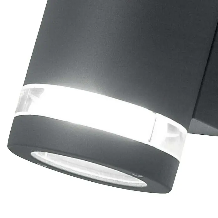 Elstead LED-Außenleuchte Magnus - Farbe Gehäuse: Graphite, IP44, 5,7 W, Anzahl Leuchtmittel: 2 Stk. - Nahaufnahme einer modernen, grauen LED-Wandleuchte mit hellem Lichtband für den Außenbereich. Stilvolles Design für Haus und Garten.