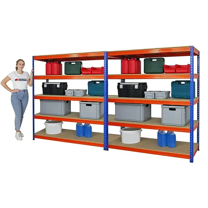 Proregal Schwerlastregal Mega Deal BISON - H x B x T: 200 x 180 x 60 cm, Traglast pro Boden: 600 kg, Anzahl Böden: 5 Stk., Stecken, Blau-Orange - Ein beeindruckendes Bild eines robusten Schwerlastregals, ideal für Lagerung. Die Regale sind mit verschiedenen Behältern und Boxen beladen.