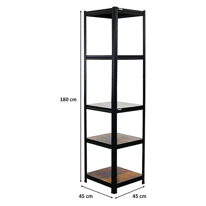 Proregal Metallregal All Black Series Ragnar - Traglast pro Boden: 100 kg, Anzahl Böden: 5 Stk., Stecken, Schwarz - Aufnahme eines schwarzen Metallregals mit vier Regalböden. Die Maße des Regals sind angegeben.