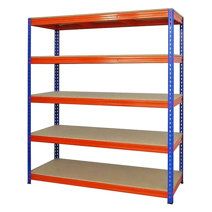 Proregal Schwerlastregal Mega Deal BISON - H x B x T: 200 x 180 x 60 cm, Traglast pro Boden: 600 kg, Anzahl Böden: 5 Stk., Stecken, Blau-Orange - Stabiles Lagerregal mit fünf Ebenen, ideal für Garage oder Keller. Die blaue Konstruktion und die braunen Regalböden bieten viel Stauraum.