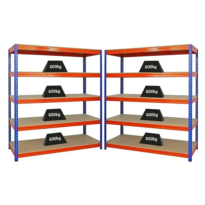Proregal Schwerlastregal Mega Deal BISON - H x B x T: 200 x 180 x 60 cm, Traglast pro Boden: 600 kg, Anzahl Böden: 5 Stk., Stecken, Blau-Orange - Ansicht von zwei Lagerregalen mit je vier Ebenen, die mit Gewichten von 600 kg beladen sind, ideal für die Lagerhaltung.