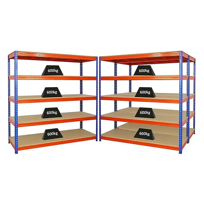 Proregal Schwerlastregal Mega Deal BISON - H x B x T: 200 x 200 x 60 cm, Traglast pro Boden: 600 kg, Anzahl Böden: 5 Stk., Stecken, Blau-Orange - Zwei Schwerlastregale mit Gewichten von je 600kg, die die Belastbarkeit der Regale demonstrieren, ideal für Lager und Werkstatt.