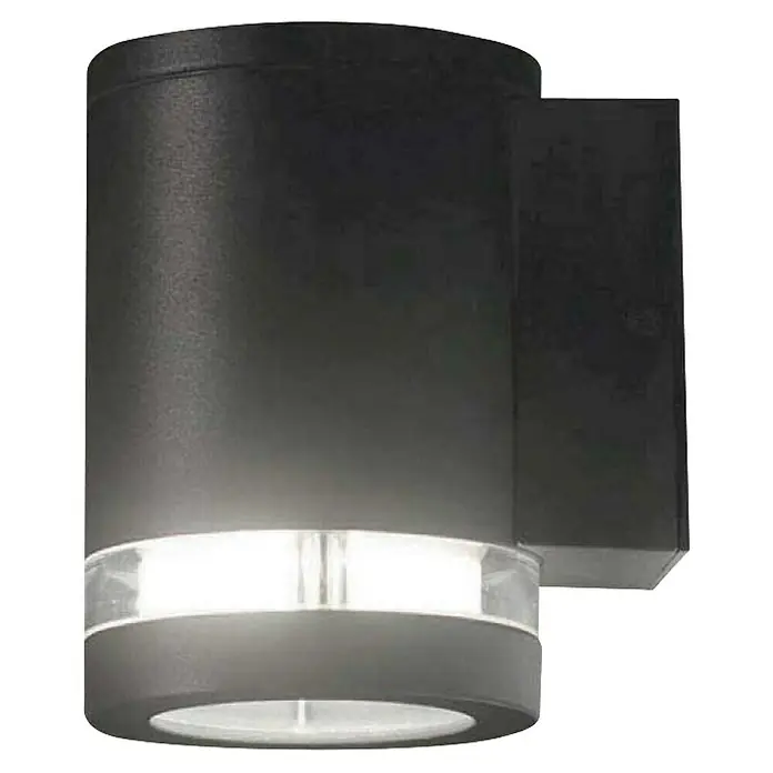 Elstead LED-Außenleuchte Magnus - Farbe Gehäuse: Graphite, IP44, 5,7 W, Anzahl Leuchtmittel: 1 Stk. - Nahaufnahme einer schwarzen Außenwandleuchte mit zylindrischem Design und hellem, warmweißem Lichtschein. Ideal für moderne Fassaden.