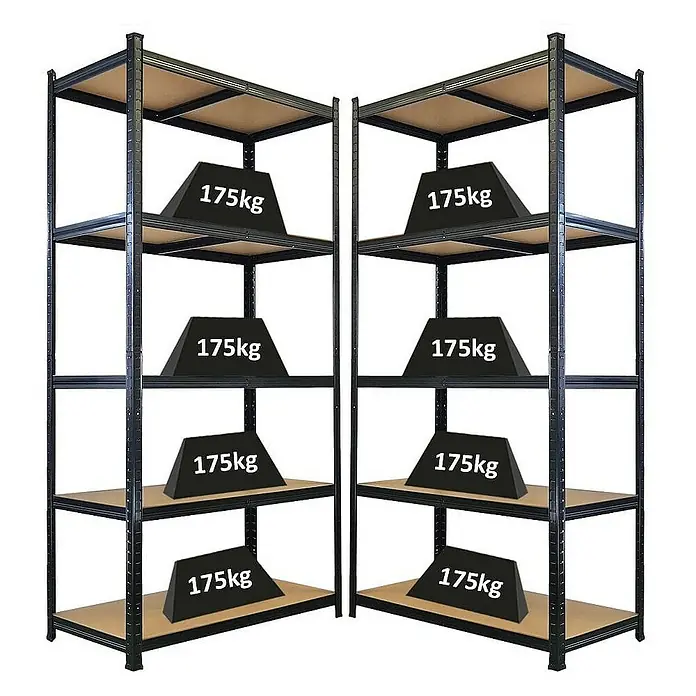 Proregal Schwerlastregal Mega Deal Giant Ragnar - Traglast pro Boden: 175 kg, Anzahl Böden: 5 Stk., Stecken, Schwarz - Zwei schwarze Metallregale mit fünf Regalböden, jeweils mit einem schwarzen Gewicht von 175 kg belastet.