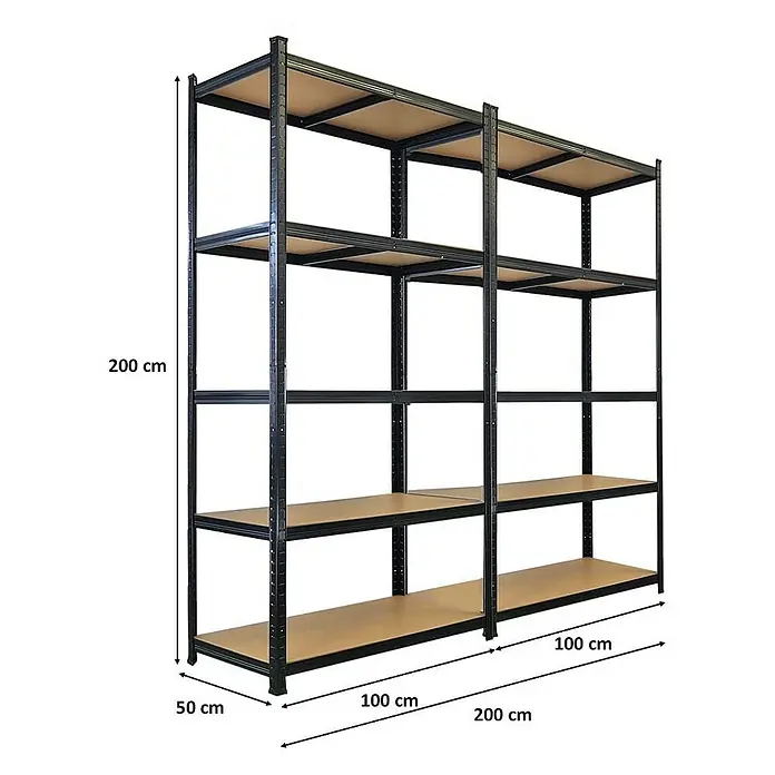 Proregal Schwerlastregal Mega Deal Giant Ragnar - Traglast pro Boden: 175 kg, Anzahl Böden: 5 Stk., Stecken, Schwarz - Abbildung eines stabilen Metallregals mit vier Regalböden und den Maßen 200x100x50 cm für vielseitige Lagerung.