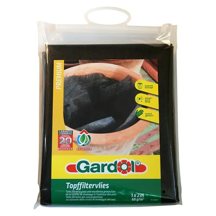 Gardol Premium Topfvlies - 1 x 2 m, Grammatur: 68 g/m² - Gardol Topffiltervlies 1x2m, 68 g/m² in einer transparenten Verpackung mit Aufhängevorrichtung für optimale Drainage und einfache Gartenarbeit.