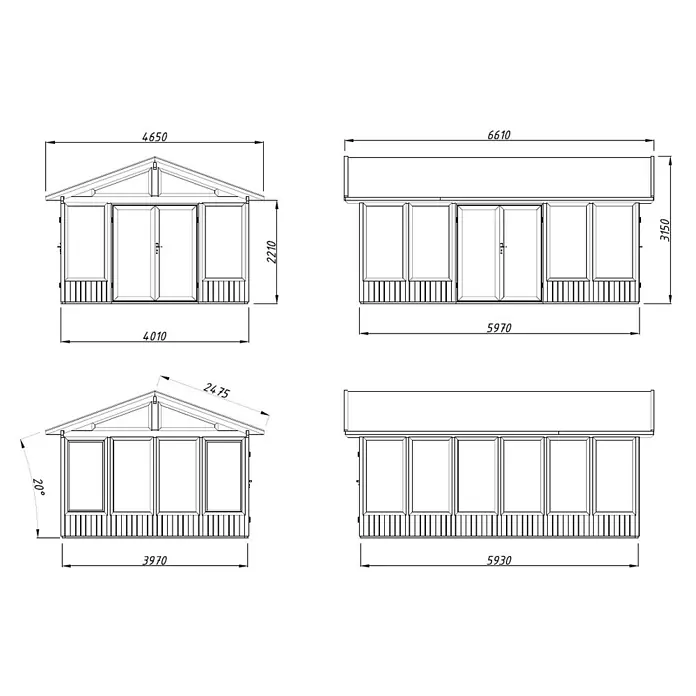 Palmako Gartenhaus Isabella - Außenmaß inkl. Dachüberstand (B x T): 661 x 465 cm, Lackiertes Holz, Weiß - Technische Zeichnung eines Gartenhauses mit Maßen und Ansichten.