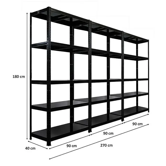 Proregal Metallregal Mega Deal Ragnar - Traglast pro Boden: 125 kg, Anzahl Böden: 5 Stk., Stecken, Schwarz - Schwarzes Metallregal mit fünf Ebenen und Maßangaben. Das Regal ist 180 cm hoch, 270 cm breit und 40 cm tief.