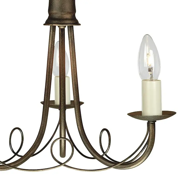 Elstead Pendelleuchte Minster - 60 W, L x B x H: 37 x 37 x 34,5 cm, Schwarz/ Gold, E14 - Detailaufnahme einer dekorativen Pendelleuchte mit Kerzenlampen und filigranem Metallgestell für stimmungsvolle Beleuchtung.