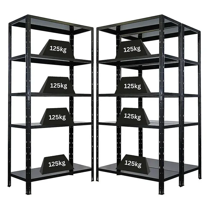 Proregal Metallregal Mega Deal Ares - Traglast pro Boden: 125 kg, Anzahl Böden: 5 Stk., Stecken, Schwarz - Schwarze Regale mit fünf Ebenen, wobei jede Ebene mit einem 125-kg-Gewicht belastet ist.