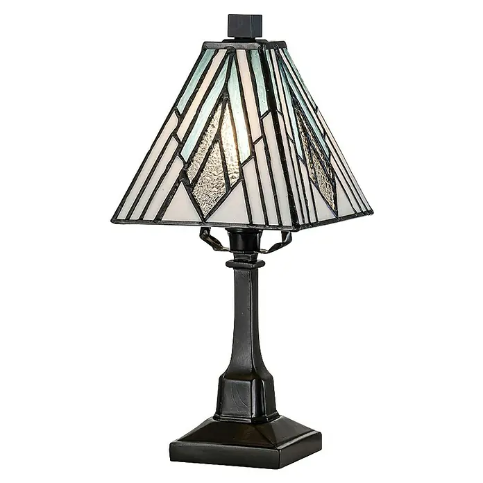 Elstead Alderley Tischleuchte Tiffany - 40 W, L x B x H: 13,8 x 13,8 x 32,3 cm, Braun, Beige, E14 - Elegante Tiffany-Tischlampe mit geometrischem Schirm. Die Lampe besticht durch ihr stilvolles Design und hochwertige Verarbeitung.