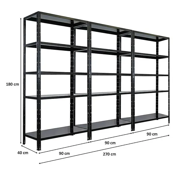 Proregal Metallregal Mega Deal Ares - Traglast pro Boden: 125 kg, Anzahl Böden: 5 Stk., Stecken, Schwarz - Regal mit 5 Ebenen, aus Metall, mit den Maßen 180 cm Höhe, 90 cm Breite und 40 cm Tiefe. Ideal zur Lagerung verschiedener Gegenstände.