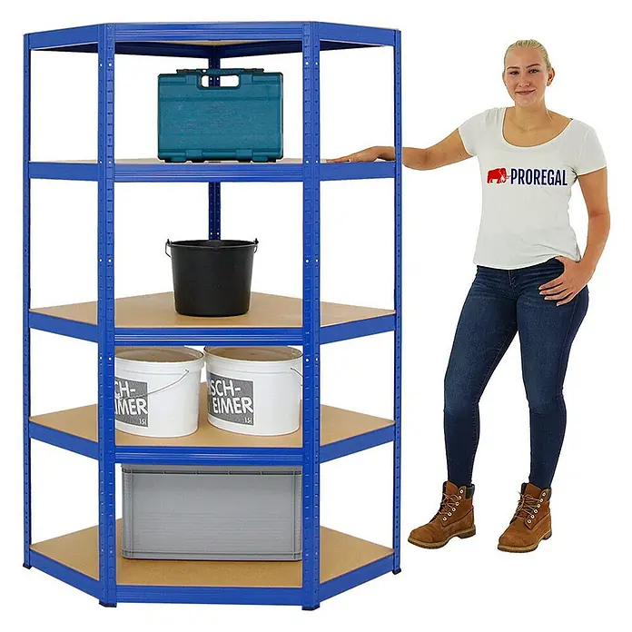 Proregal Eckregal Slim Elephant - Traglast pro Boden: 250 kg, Anzahl Böden: 5 Stk., Stecken, Blau - Eckregal mit blauem Rahmen und Holzregalböden, ideal für Lagerung und Organisation.