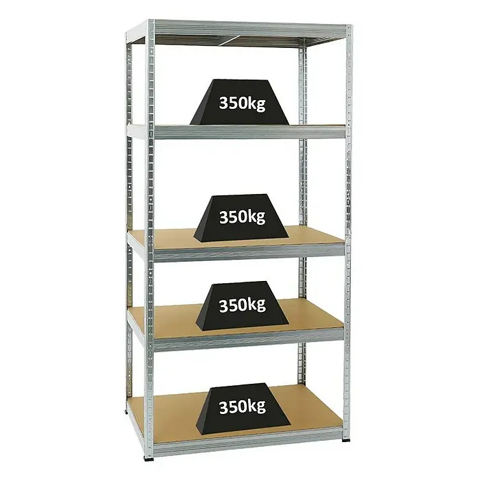 Proregal Schwerlastregal Slim Elephant M - H x B x T: 180 x 90 x 60 cm, Traglast pro Boden: 350 kg, Anzahl Böden: 5 Stk., Stecken, Verzinkt - Schwerlastregal mit vier Regalböden und Gewichten von je 350 kg auf jeder Ebene, ideal für Lagerung.