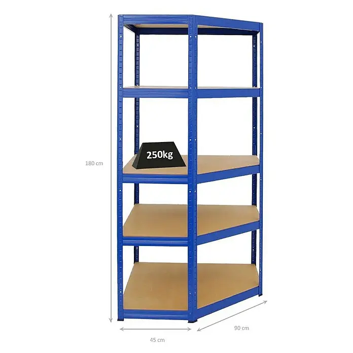 Proregal Eckregal Slim Elephant - Traglast pro Boden: 250 kg, Anzahl Böden: 5 Stk., Stecken, Blau - Blaues Regal mit fünf Holzregalböden und einem Gewicht von 250 kg auf einem der Regalböden. Die Maße sind 180 cm Höhe, 45 cm Tiefe und 90 cm Breite.