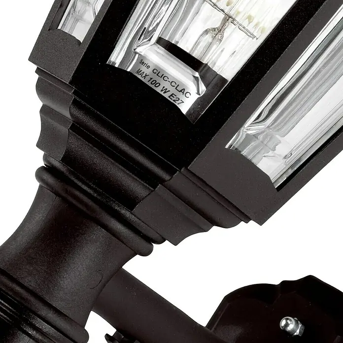 Elstead Außenwandleuchte Kinsale - 60 W, 27 x 46 x 46 cm, Schwarz, IP44 - Detailaufnahme einer schwarzen Außenleuchte mit klarem Glas und einer Glühbirne. Die Leuchte hat eine maximale Leistung von 100 W.
