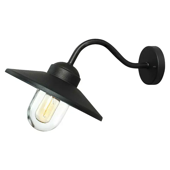 Elstead Außenwandleuchte Klampenborg - 60 W, 31,8 x 31,8 x 31,8 cm, Black, IP44 - Diese Nahaufnahme zeigt eine eleganten schwarzen Wandleuchte mit einer klaren Glühbirne, die ein warmes Licht ausstrahlt.