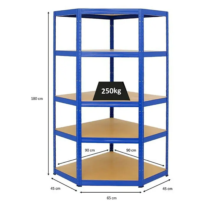 Proregal Eckregal Slim Elephant - Traglast pro Boden: 250 kg, Anzahl Böden: 5 Stk., Stecken, Blau - Eckregal aus blauem Metall mit vier Ablagen und Belastungsangabe. Ideal für Lagerung mit einer Höhe von 180cm.