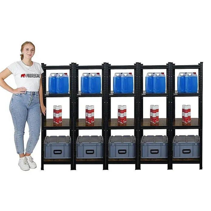 Proregal Metallregal Mega Deal All Black Series Ragnar - Traglast pro Boden: 100 kg, Anzahl Böden: 4 Stk., Stecken, Schwarz - Regalsystem mit robusten Regalböden, ideal für Lagerung.