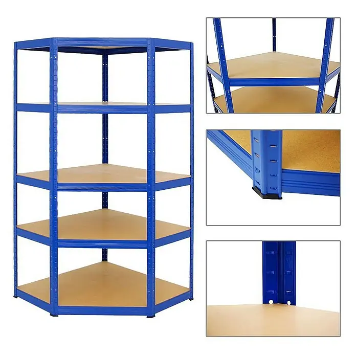 Proregal Eckregal Slim Elephant - Traglast pro Boden: 250 kg, Anzahl Böden: 5 Stk., Stecken, Blau - Eckregal mit fünf Ebenen, blaues Metallgestell und braune Holzplatten, ideal für jede Raumecke.\n