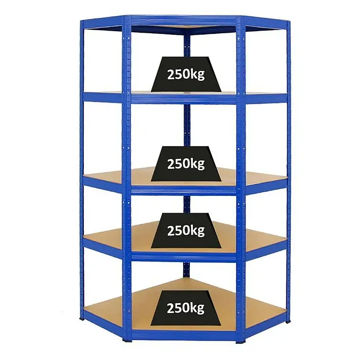 Proregal Eckregal Slim Elephant - Traglast pro Boden: 250 kg, Anzahl Böden: 5 Stk., Stecken, Blau - Regal mit vier Ebenen, jede mit 250 kg belastet. Blaues Metallgestell und helle Holzplatten bieten robusten Stauraum für schwere Gegenstände.