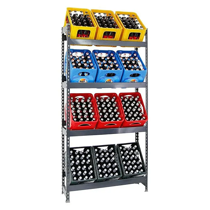 Proregal Getränkekistenregal HIGH BIG CAMEL - Traglast pro Boden: 100 kg, Anzahl Böden: 4 Stk., Stecken, Schwarz - Getränkeregal mit vier Ebenen, gefüllt mit Kisten in Gelb, Blau, Rot und Schwarz, jede mit Flaschen.