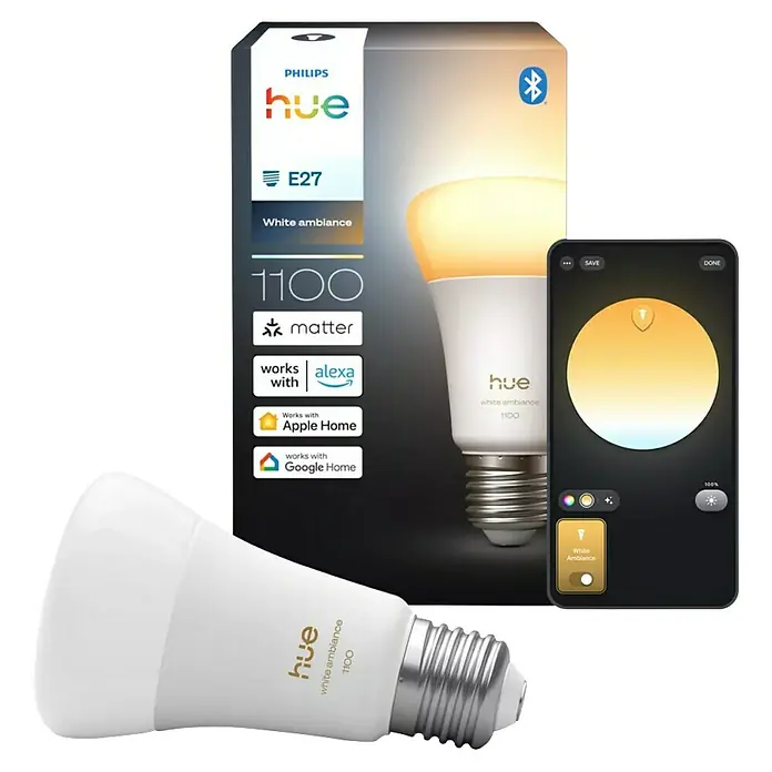 Philips Hue Smart-LED-Lampe White Ambiance 1100 matter - E27, Dimmbar, 1.100 lm, 13,5 W - Ein Philips Hue White Ambiance E27 Leuchtmittel mit der zugehörigen App zur Steuerung des Lichts und der Helligkeit zu sehen.