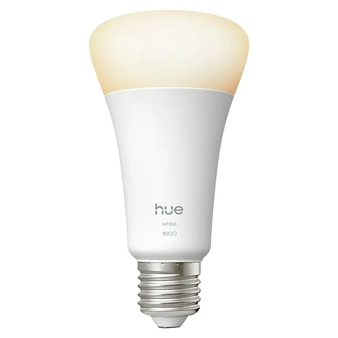 Philips Hue Smart-LED-Lampe White 1600 matter - E27, Dimmbar, Warmweiß, 1.600 lm, 13,5 W - Nahaufnahme einer Philips Hue White 1600 Glühbirne, die intelligentes Licht und effiziente Beleuchtung bietet.