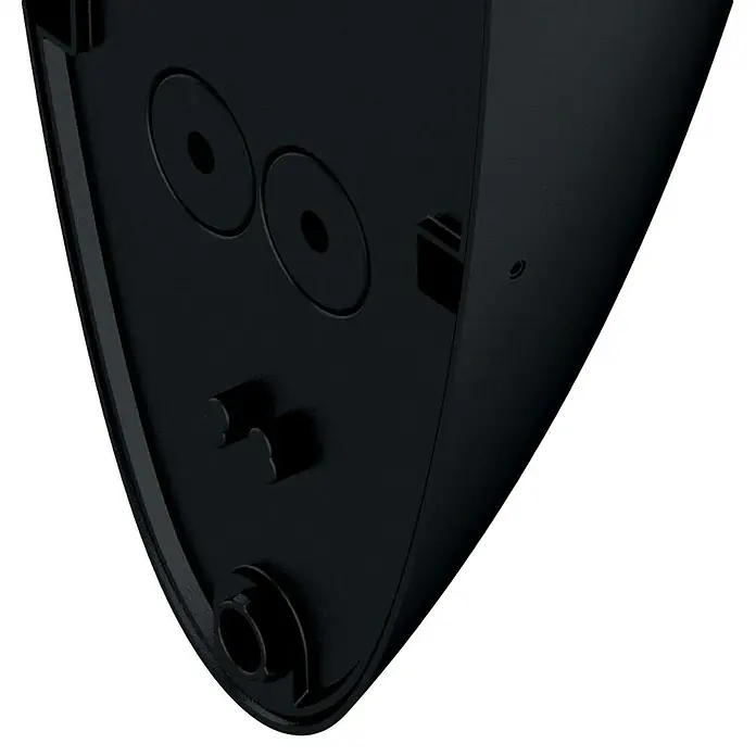 Elstead LED-Außenwandleuchte Vendela - 7 W, 9,5 x 20,2 x 20,2 cm, Black, IP65 - Detailansicht der Unterseite eines schwarzen Produkts mit runden und zylindrischen Aussparungen, möglicherweise ein Lautsprecher oder elektronisches Gerät.
