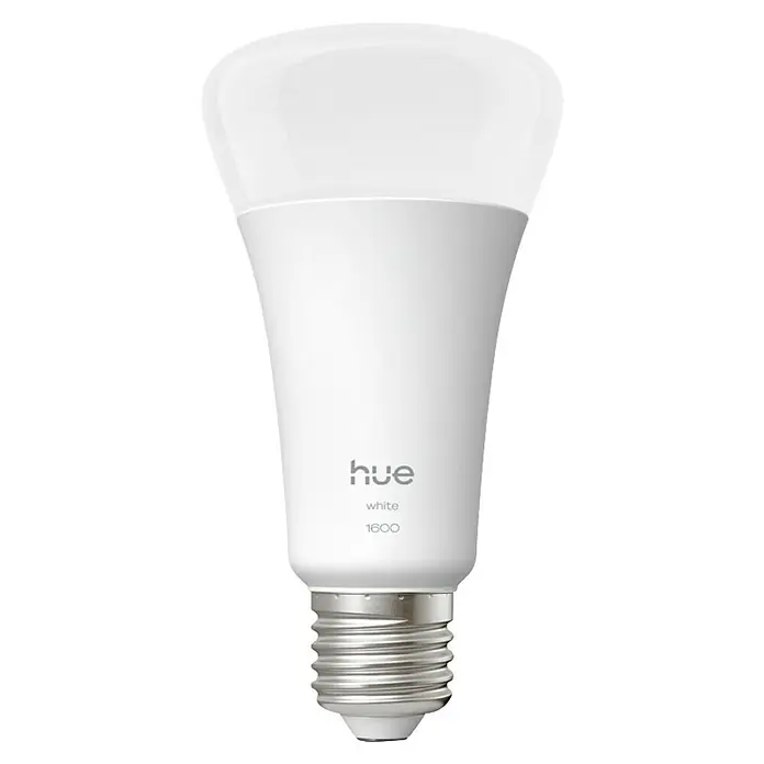 Philips Hue Smart-LED-Lampe White 1600 matter - E27, Dimmbar, Warmweiß, 1.600 lm, 13,5 W - Nahaufnahme einer einzelnen, smarten Philips Hue White 1600 Glühbirne mit E27-Sockel vor neutralem, schwarzem Hintergrund.
