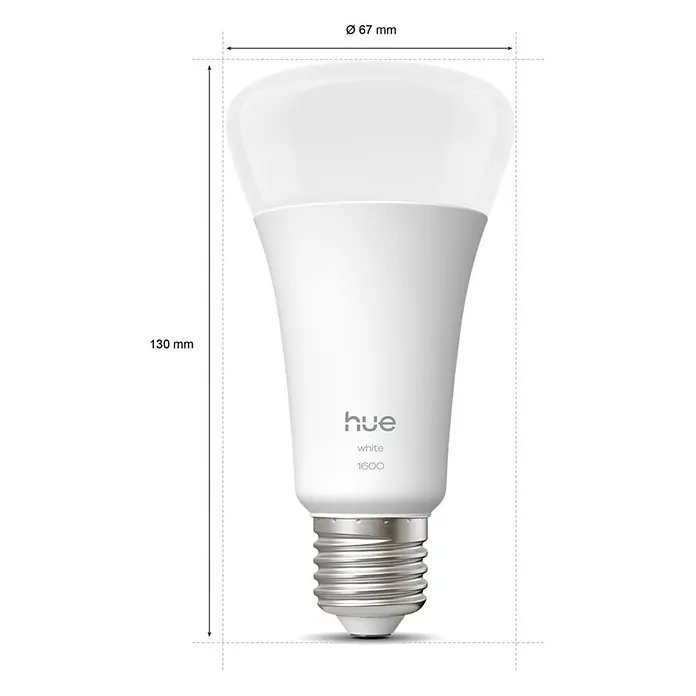 Philips Hue Smart-LED-Lampe White 1600 matter - E27, Dimmbar, Warmweiß, 1.600 lm, 13,5 W - Produktbild: Hue White 1600 Lumen Lampe, mit Maßen 130 mm Höhe und 67 mm Durchmesser, ideal für helle Beleuchtung und intelligente Steuerung.