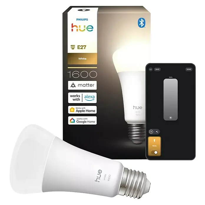 Philips Hue Smart-LED-Lampe White 1600 matter - E27, Dimmbar, Warmweiß, 1.600 lm, 13,5 W - Abbildung einer Philips Hue White 1600 E27 Glühbirne mit Verpackung und Smartphone-App-Oberfläche zur Steuerung.