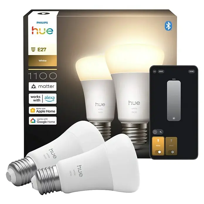 Philips Hue Smart-LED-Lampen Set White 1100 matter - E27, Dimmbar, Warmweiß, 1.100 lm, 9,5 W, 2 Stk. - Abbildung eines Philips Hue White E27-Starterpakets mit vier smarten Glühbirnen und App-Steuerung zur Lichtanpassung.