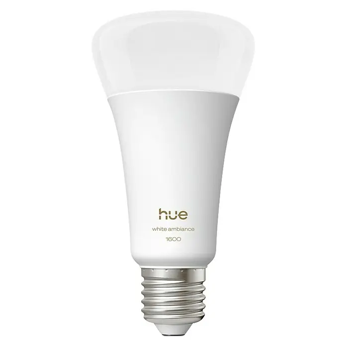 Philips Hue Smart-LED-Lampe White Ambiance 1600 matter - E27, Dimmbar, Kaltweiß, 1.600 lm, 11,8 W - Nahaufnahme einer Philips Hue White Ambiance 1600 Lumen LED-Lampe mit E27-Sockel für smarte Beleuchtung im ganzen Haus.