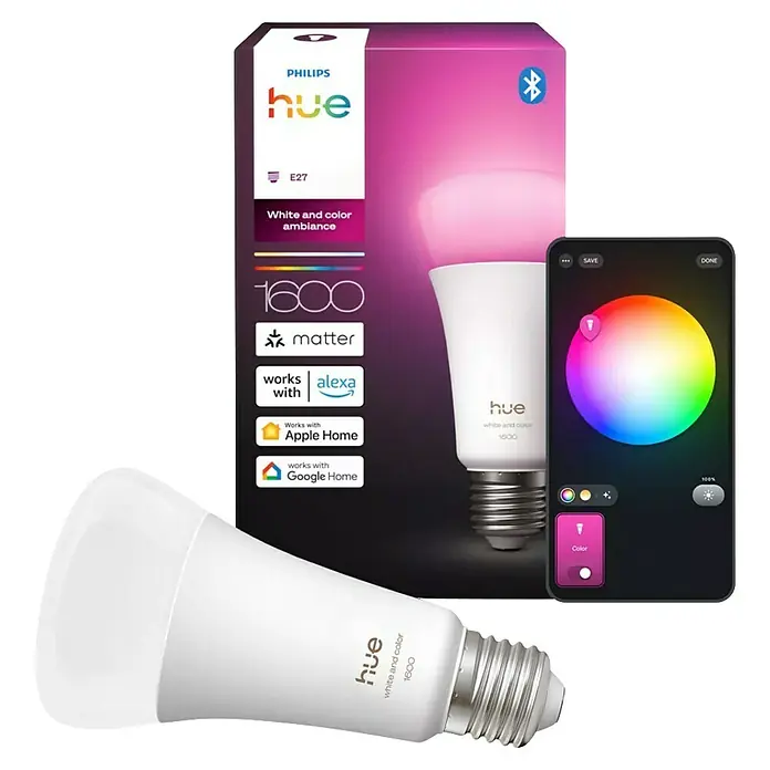 Philips Hue Smart-LED-Lampe White and Color 1600 matter - E27, Dimmbar, RGB, 1.600 lm, 11,8 W - Das Philips Hue White and Color Ambiance 1600 E27 Starterset mit farbiger LED Lampe, steuerbar per App für ein smartes Zuhause.