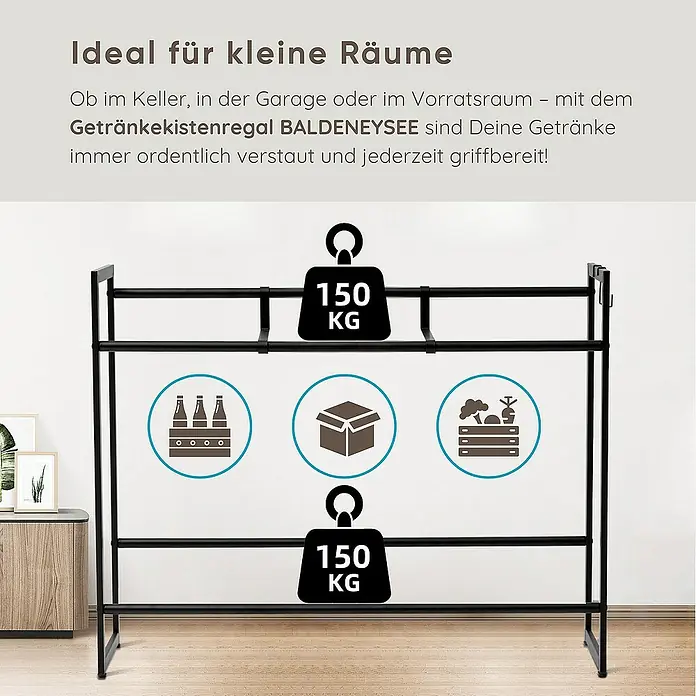Proregal Getränkekistenregal BALDENEYSEE - H x B x T: 82 x 104 x 32 cm, Traglast pro Boden: 150 kg, Anzahl Böden: 2 Stk., Schrauben, Schwarz - Getränkekistenregal BALDENEYSEE, ideal für kleine Räume, hält bis zu 150 kg Gewicht pro Ebene. Getränke sind ordentlich verstaut.