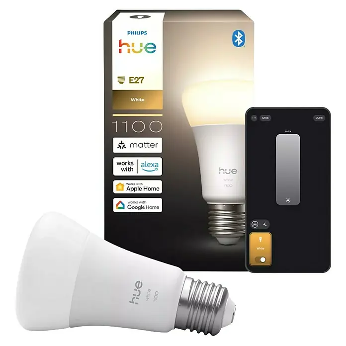Philips Hue Smart-LED-Lampe White 1100 matter - E27, Dimmbar, Warmweiß, 1.100 lm, 9,5 W, 2 Stk. - Eine Philips Hue White E27 Smart Glühbirne mit Verpackung und Smartphone-App zur Steuerung der Helligkeit.