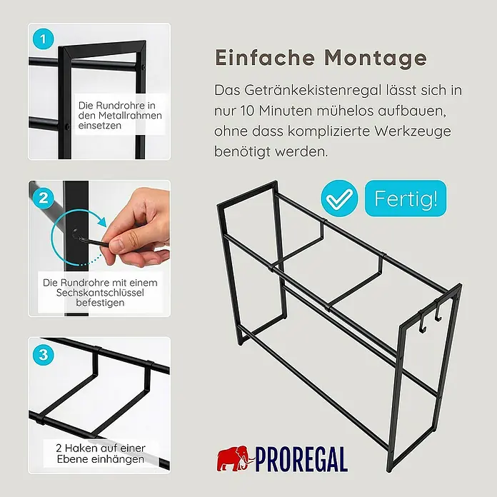 Proregal Getränkekistenregal BALDENEYSEE - H x B x T: 82 x 104 x 32 cm, Traglast pro Boden: 150 kg, Anzahl Böden: 2 Stk., Schrauben, Schwarz - Aufbauanleitung für das Getränkekistenregal mit drei Schritten: Rohre einsetzen, befestigen und Haken einhängen. Fertig in 10 Minuten!