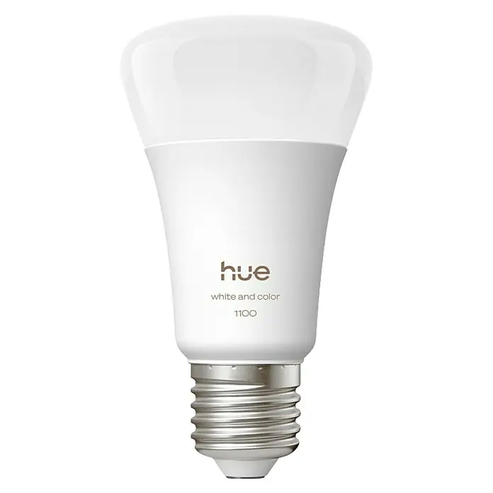 Philips Hue Smart-LED-Lampe White and Color 1100 matter - E27, Dimmbar, RGB, 1.100 lm, 8,1 W - Nahaufnahme einer Philips Hue White and Color 1100 LED Lampe, die smarte Beleuchtung für Ihr Zuhause bietet.