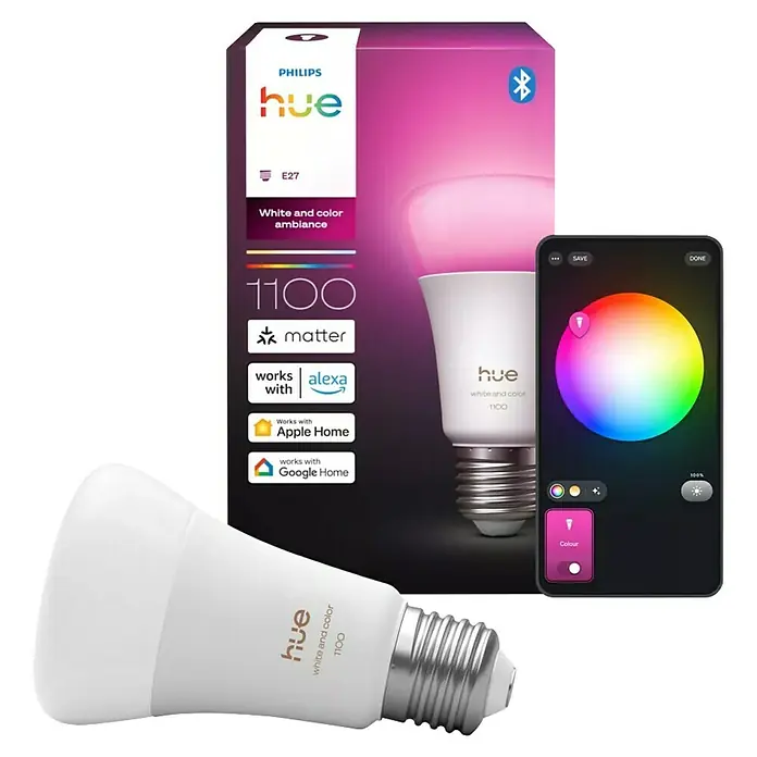 Philips Hue Smart-LED-Lampe White and Color 1100 matter - E27, Dimmbar, RGB, 1.100 lm, 8,1 W - Ein Philips Hue White and Color Ambiance E27 1100lm Starterset mit farbiger Lampe und Smartphone App zur Steuerung.