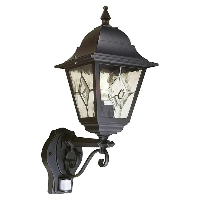 Elstead Außenwandleuchte Norfolk - 60 W, 29,5 x 18,4 x 47 cm, Schwarz, IP44, Bewegungsmelder - Nahaufnahme einer stilvollen, schwarzen Wandleuchte mit Bewegungsmelder und verzierter Glasoptik, die eine elegante Beleuchtungslösung bietet.