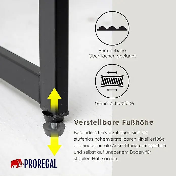 Proregal Getränkekistenregal BALDENEYSEE - H x B x T: 82 x 104 x 32 cm, Traglast pro Boden: 150 kg, Anzahl Böden: 2 Stk., Schrauben, Schwarz - Verstellbare Füße des Proregal-Produkts für unebene Flächen und Gummischutzfüße für optimalen Halt und Ausrichtung.