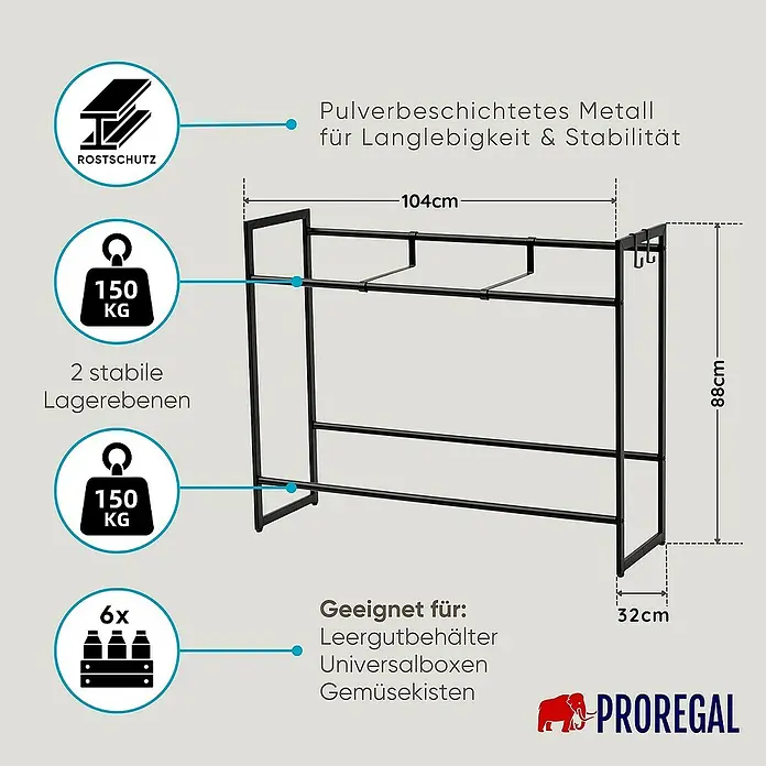 Proregal Getränkekistenregal BALDENEYSEE - H x B x T: 82 x 104 x 32 cm, Traglast pro Boden: 150 kg, Anzahl Böden: 2 Stk., Schrauben, Schwarz - Abbildung eines schwarzen Metallregals mit zwei Ebenen und Angaben zur Größe und Belastbarkeit.