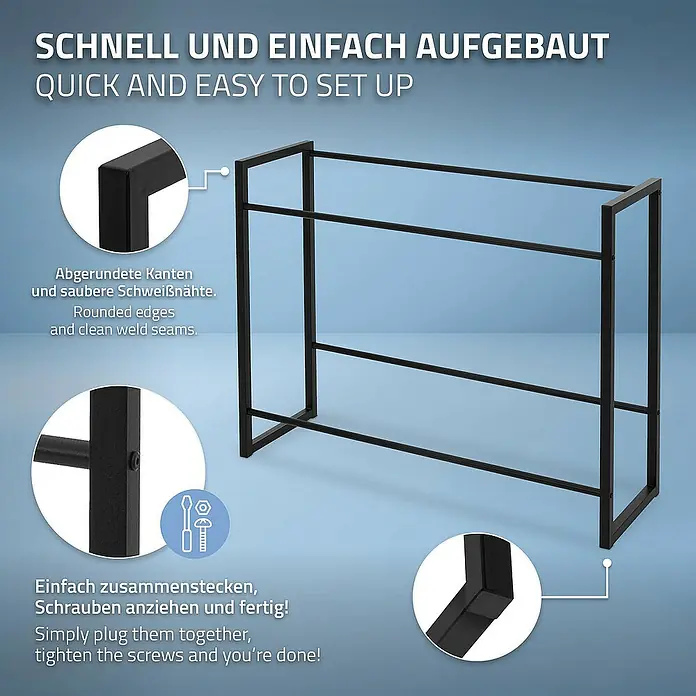ML-Design Getränkekistenregal Kastenständer für 6 Kisten stabiles Standregal freistehend Stahl - H x B x T: 82,5 x 32 x 32 cm, Traglast pro Boden: 150 kg, Anzahl Böden: 8 Stk., Stecken, Anthrazit - Abbildung eines schwarzen Handtuchhalters mit abgerundeten Kanten, sauberen Schweißnähten und einfacher Montage durch Zusammenstecken und Anschrauben.