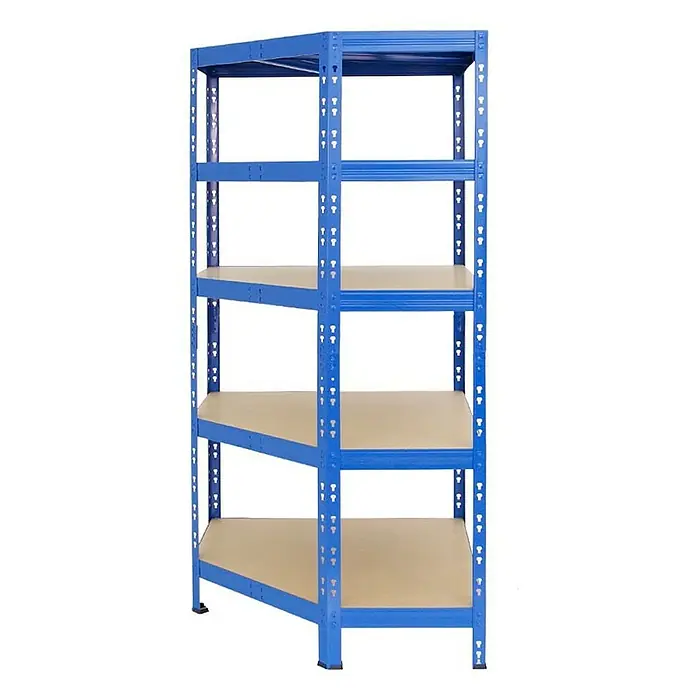 Proregal Eckregal Mega Deal + 2x Schwerlastregal Tiger - Traglast pro Boden: 175 kg, Anzahl Böden: 5 Stk., Stecken, Blau - Regal mit fünf Regalböden und einem blauen Metallrahmen. Eine praktische und robuste Aufbewahrungslösung.